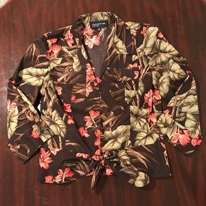 Jones New York Tropical Print Peplum Tie Front Top